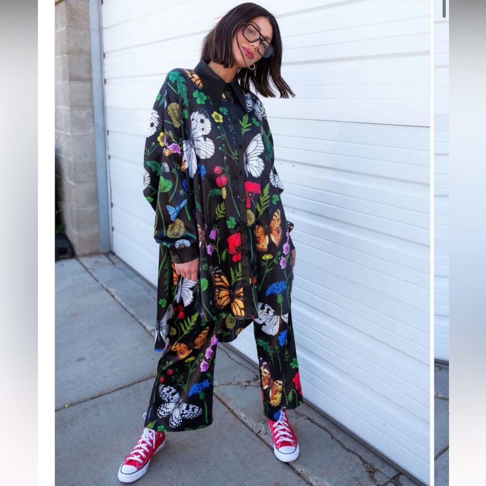 Dressed in Lala Folklore Florals Oversize Satin Button-Up Shirt & Pants Set